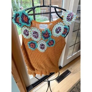 Edie Anthropologie Orange Crochet Floral Knit Tank Top XS Cotton Linen Peplum